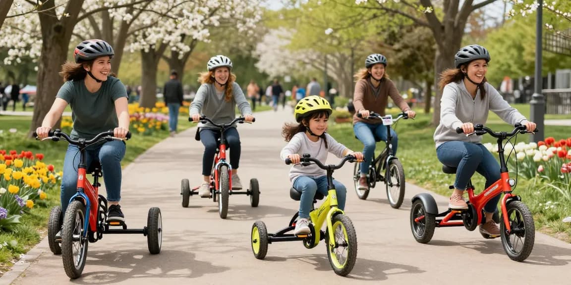 Families enjoying colorful tricycles in the park, promoting joy and community.