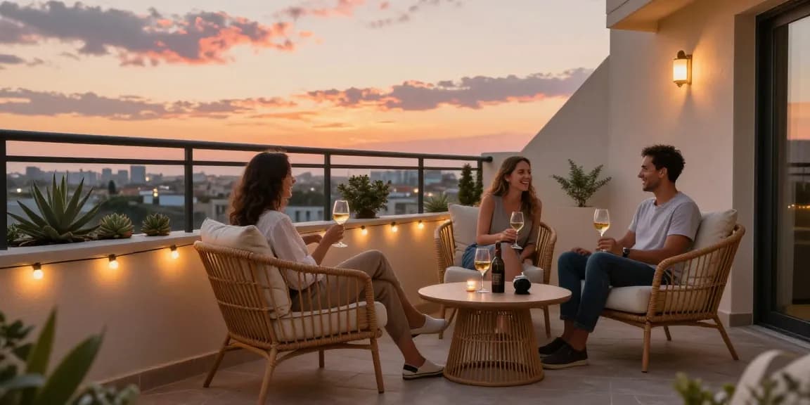 Relaxed couple enjoying their balcony patio furniture with sunset view.