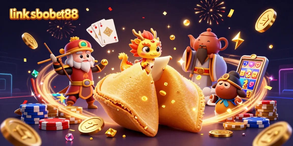 Bet on winning with link sbobet88 in a vibrant casino scene featuring 3D animated fortune cookie and lucky elements.