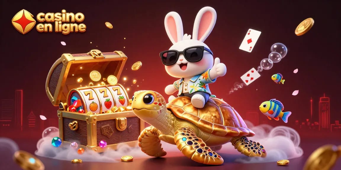 Jouez au casino en ligne avec un lapin chanceux sur une tortue dorée au milieu des trésors sous-marins.