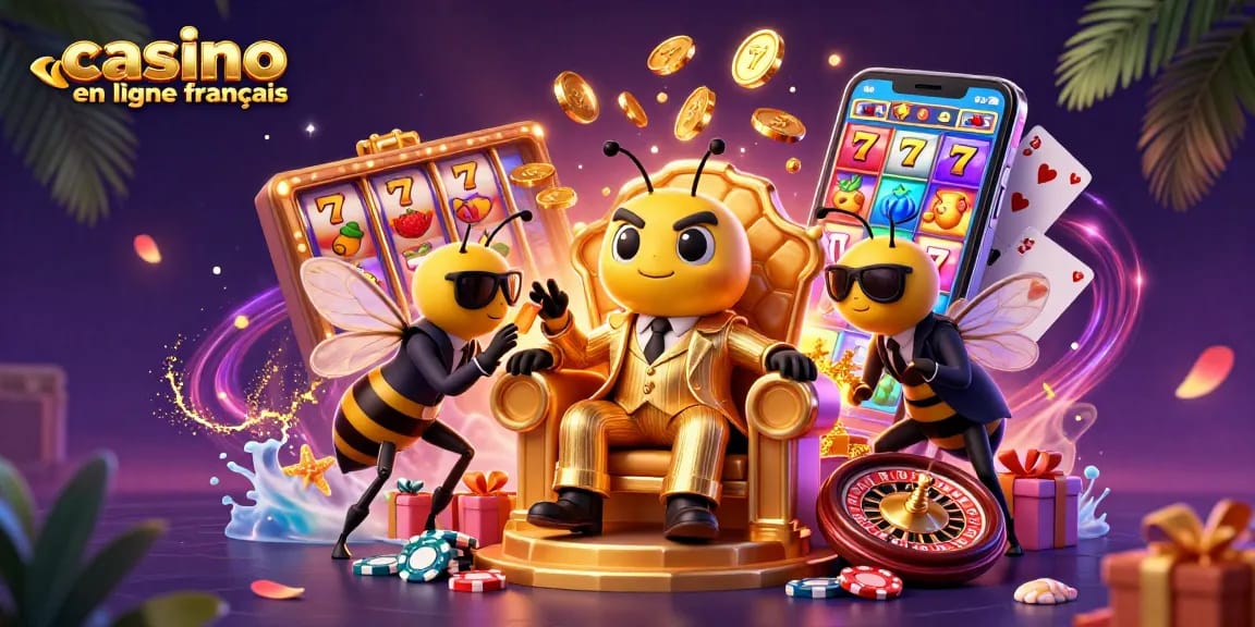 Image illustrant le monde des jeux avec un bumblebee boss de casino en ligne français, entouré de jeux et d'éléments d'argent.