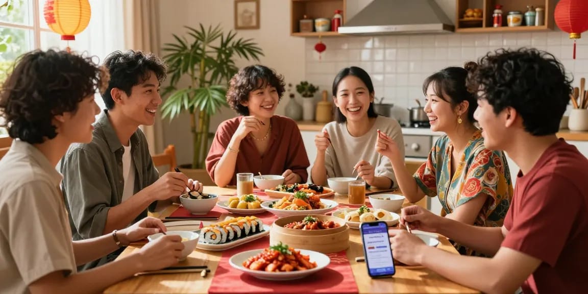 Dynamic dining scene showcasing cultural connections through Asian cuisine on https://hanadultalk.com