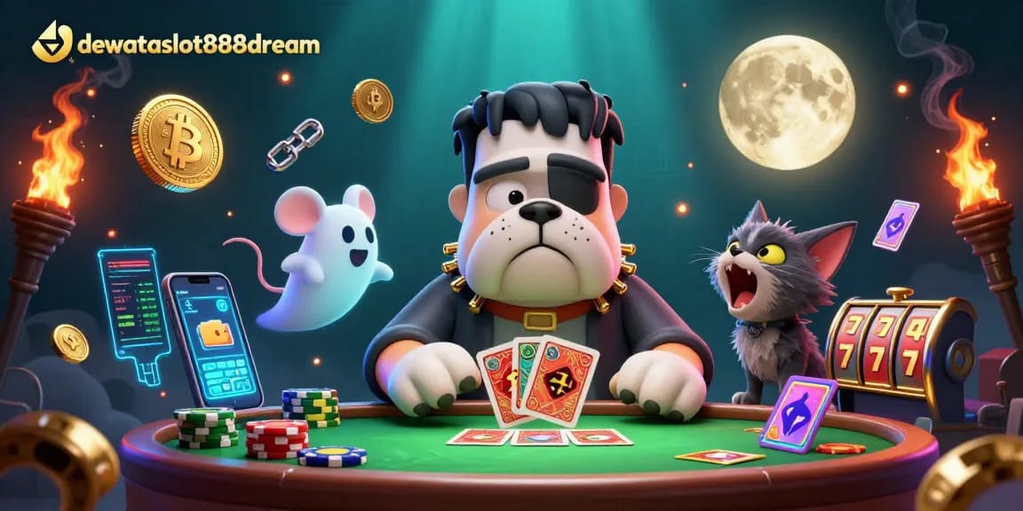 Menangkan permainan dengan dewataslot888dream saat bermain kartu di meja bertema kasino yang menyeramkan.