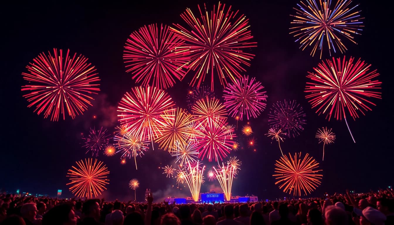 Vibrant fireworks for sale bursting in night sky, showcasing brilliant colors and patterns.