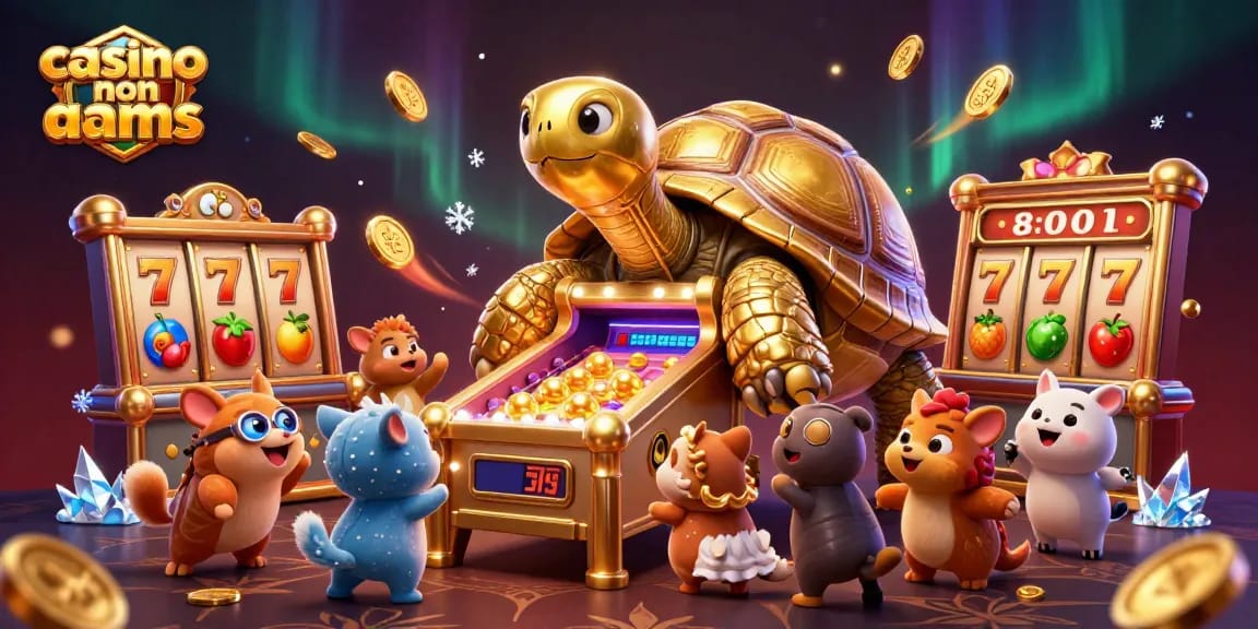 Giocando al casino non AAMS con un'enorme tartaruga dorata che funge da macchina da pinball e simboli delle slot volanti, in un'atmosfera festosa.