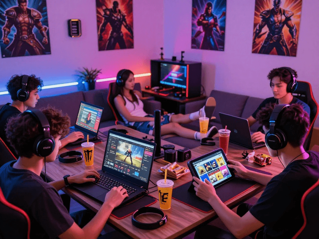 Players enjoying porngames on various devices in a vibrant gaming room, highlighted by colorful LED lights.