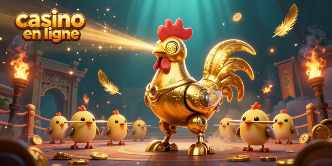 Illustration dynamique de casino en ligne avec un robot coq doré rétro-futuriste, évoquant le monde ludique des jeux d'argent.