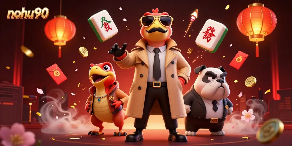 Nohu90 showcases cartoon raptors in a trench coat attempting entry into a VIP casino lounge.