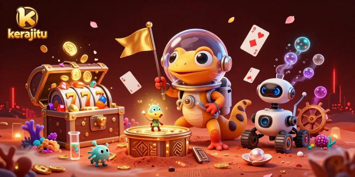 Experience the excitement of kerajitu casino games in this vibrant 3D illustration, featuring thrilling slot reels.