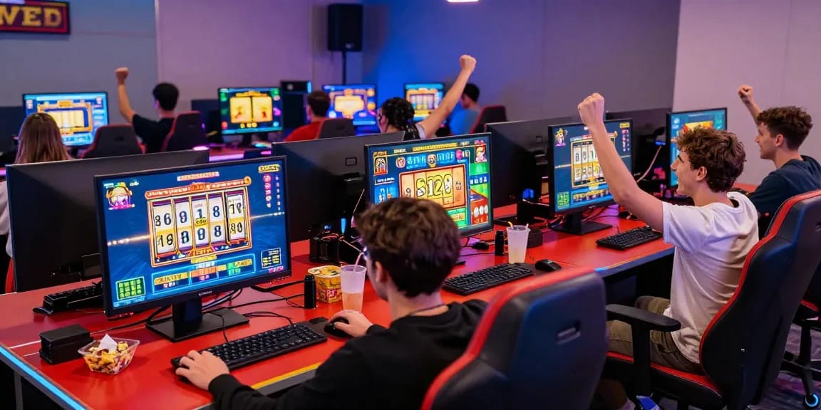situs depo 5k dynamic gaming scene with players celebrating big wins in an immersive online gambling environment