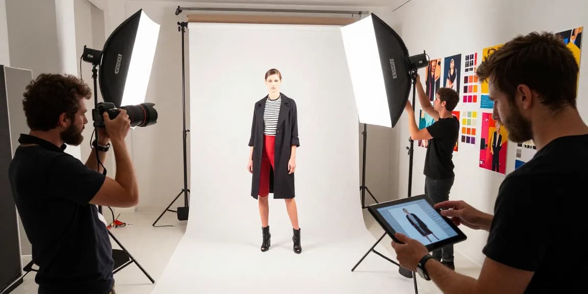 Photographe publicitaire Milano en studio créatif, modèle en pose, équipement d'éclairage