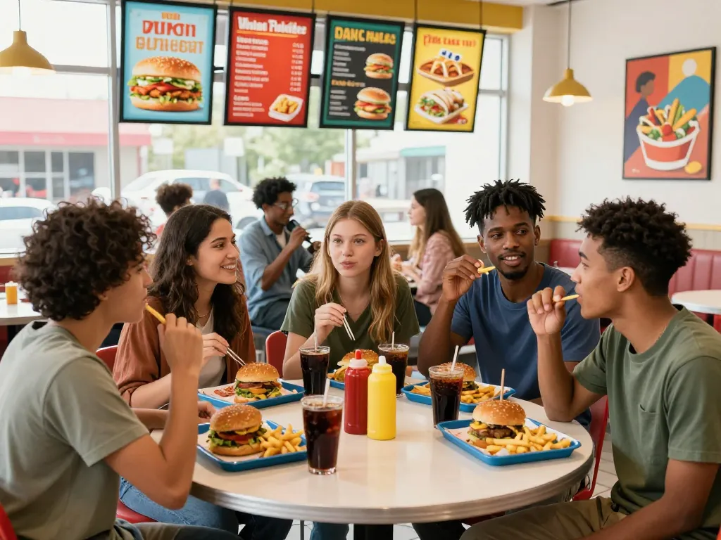 Enjoying a fast food menu with friends in a vibrant restaurant.