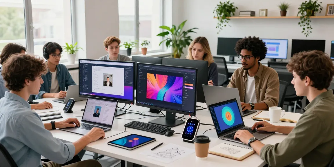 Creative team using nano banana 2 in a modern tech workspace, collaborating on AI image editing projects.