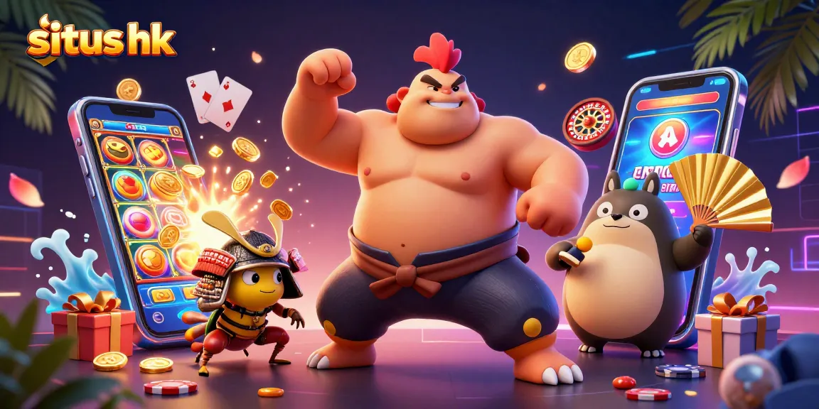 Rasakan sensasi situs hk dengan ayam sumo bertarung di arena, dikelilingi permainan kasino.
