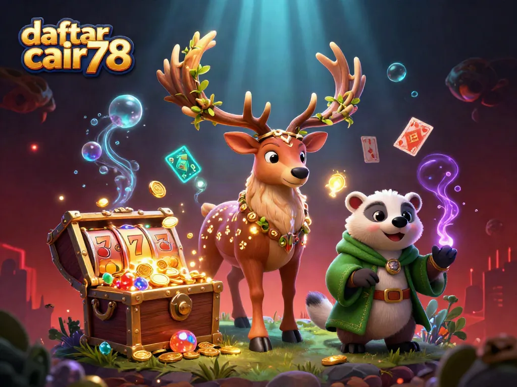 Permainan jackpot besar di daftar cair78 dengan simbol slot dan harta karun bercahaya
