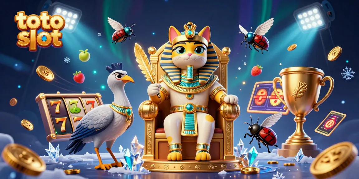 Menang di toto slot dengan simbol keberuntungan dan objek kasino bersinar di latar belakang.