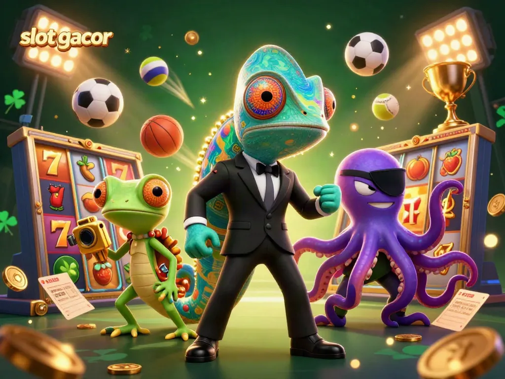 Experience thrilling action with a dynamic slot gacor scene featuring lively characters and sparkling casino elements.