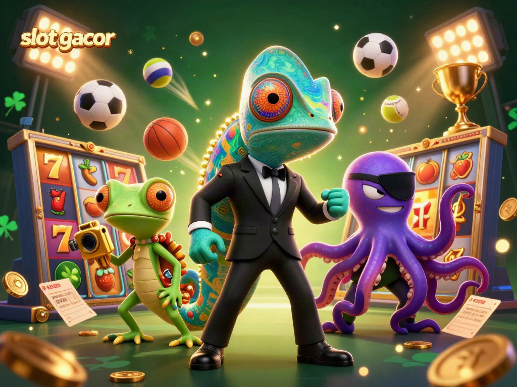 Experience thrilling action with a dynamic slot gacor scene featuring lively characters and sparkling casino elements.