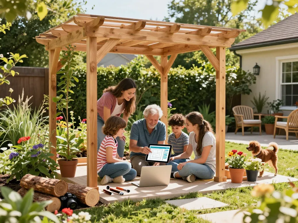 Family using Pergola Configurator Software in vibrant garden to design a 3D pergola together.