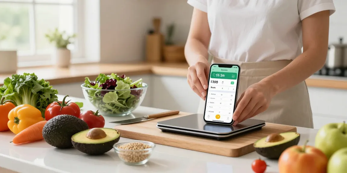 Healthy cooking with the best calorie tracker app visible on a smartphone in a bright kitchen.