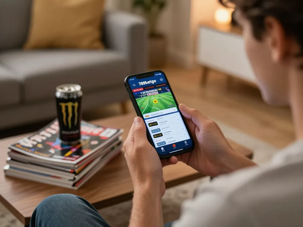 Player engaging with the 789betgo casino app in a cozy setting, showcasing online betting excitement.