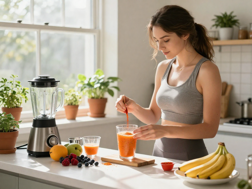 Preparing a healthy smoothie with astaxanthin supplement Canada in a bright kitchen, surrounded by fresh fruits.