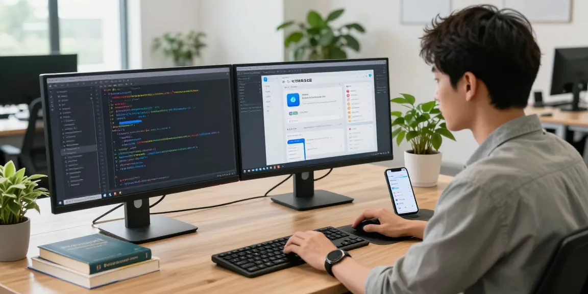 Developer coding the 纸飞机中文版 app in a modern workspace with dual monitors.
