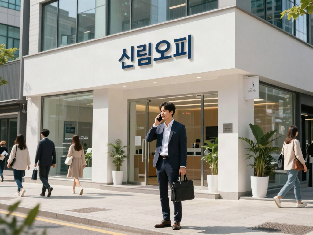 신림오피 웰컴 공간에서 고객과 상담하는 모습을 담은 현대적인 도시 풍경