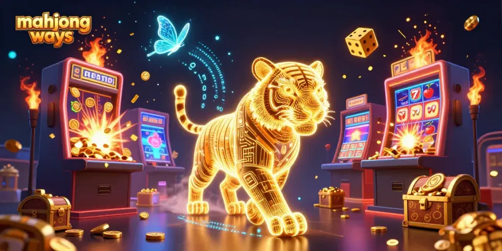 Experience thrilling gameplay with Mahjong Ways as a golden tiger and data butterflies illuminate a vibrant casino.