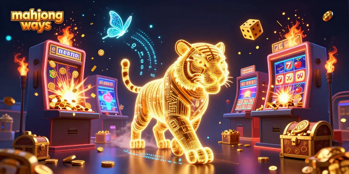Experience thrilling gameplay with Mahjong Ways as a golden tiger and data butterflies illuminate a vibrant casino.