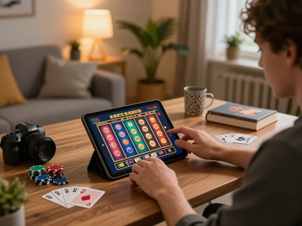Engaging in betbet slots gameplay on a tablet in a cozy home environment, showcasing strategic online gambling.