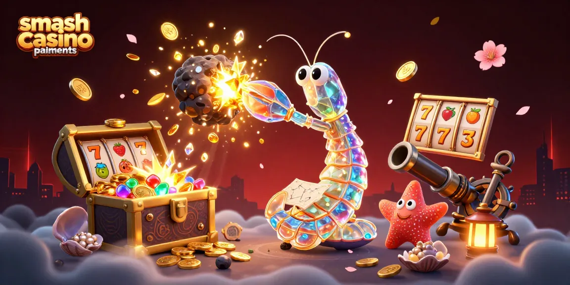 Visualisez les paiements Smash Casino avec des éléments de jeux et des gains scintillants.