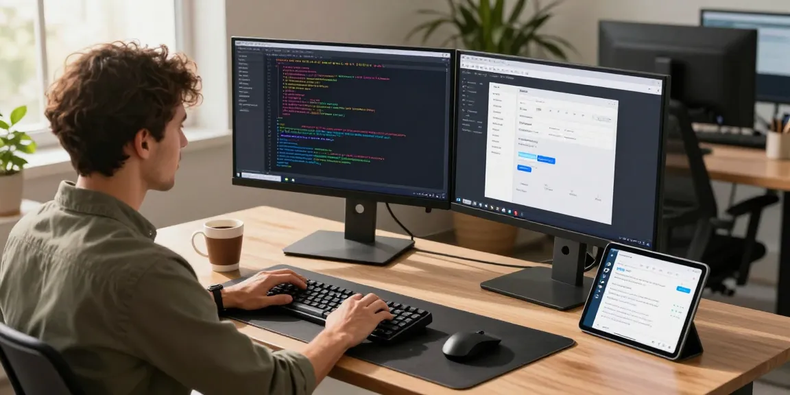 Developer coding with openclawd on dual monitors in a bright office space with modern tech.