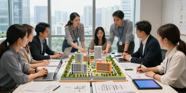 Real estate models displayed on a conference table, showcasing intricate details and vibrant colors in a collaborative office setting