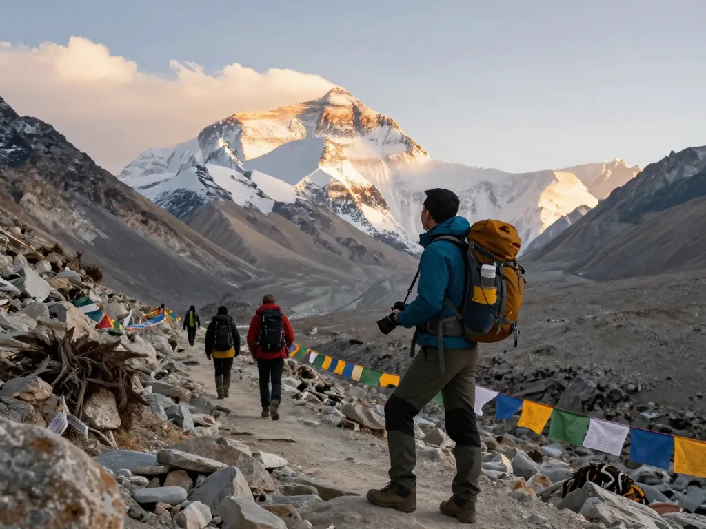 Adventurous traveler at Everest Base Camp Trek, surrounded by stunning Himalayan peaks during golden hour.