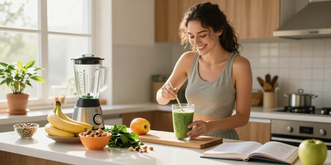 Young woman using the best nutrition tracking app while preparing a healthy smoothie in a bright kitchen.