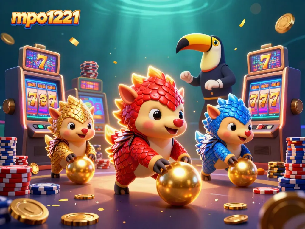 Experience thrilling action with mpo1221 as pangolins bowl through slot machines in this vibrant casino scene.
