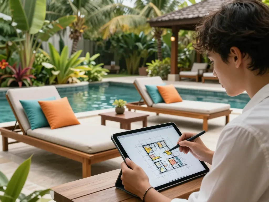 รับตกแต่งภายใน showcasing a serene resort with natural elements and cozy outdoor seating for relaxation.