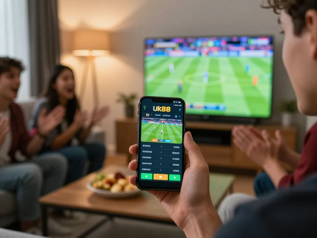 Engaging in sports betting with the uk88 app on a smartphone, capturing excitement and strategy in a lively gathering