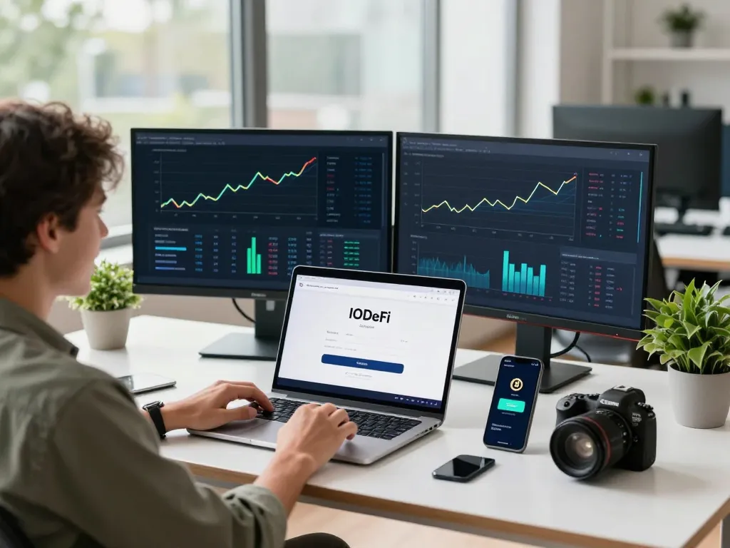 Person engaged in the IODeFi sign up process in a modern, tech-oriented workspace.