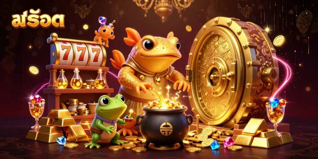Engaging illustration of สล็อต-themed casino scene, featuring a golden salamander alchemist creating coins with dynamic gaming elements.