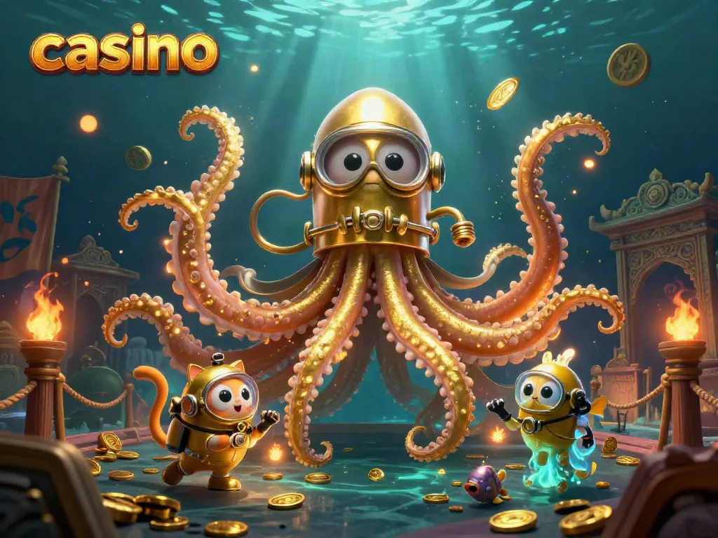 Experience thrilling casino adventures featuring a colossal kraken, diving cat, and vibrant deep-sea fish.