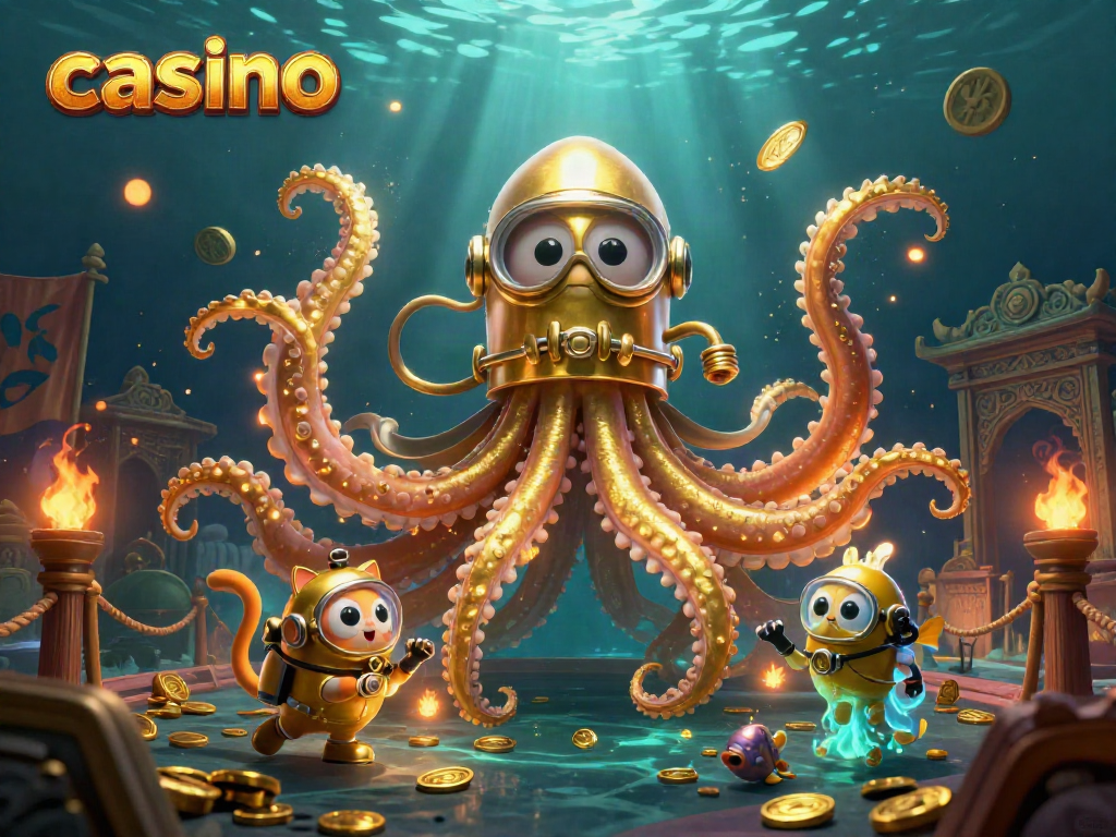 Experience thrilling casino adventures featuring a colossal kraken, diving cat, and vibrant deep-sea fish.