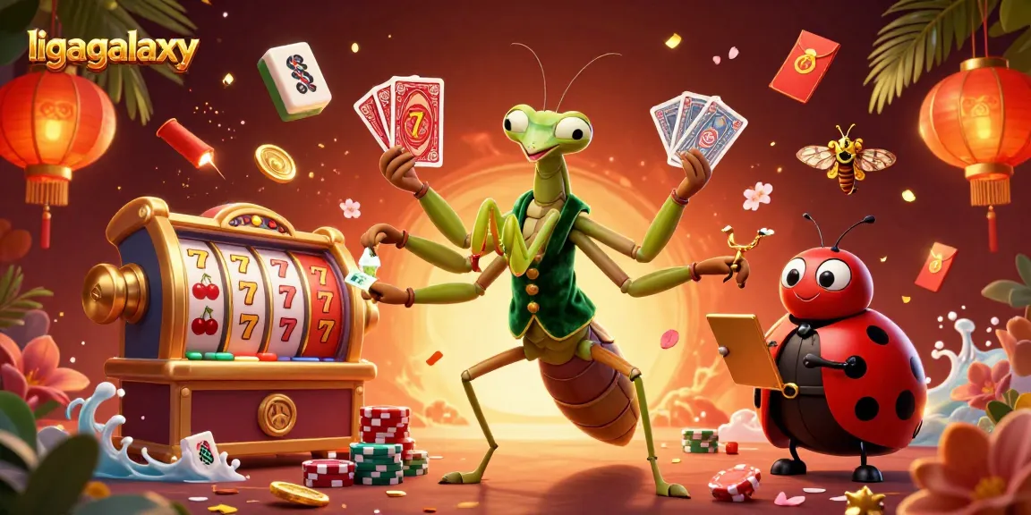 ligagalaxy mengelola permainan slot dengan kartu dan chip, dikelilingi elemen meriah.