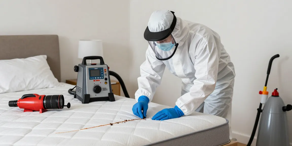 Expert bed bug exterminators treating a bedroom with heat treatment equipment, showcasing professionalism and effective pest control in a clean environment.