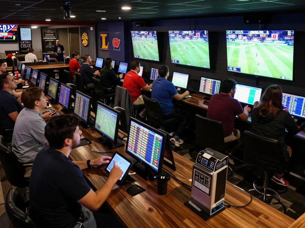 nhandinhkeonhacai engaging sports betting scene with excited patrons analyzing odds