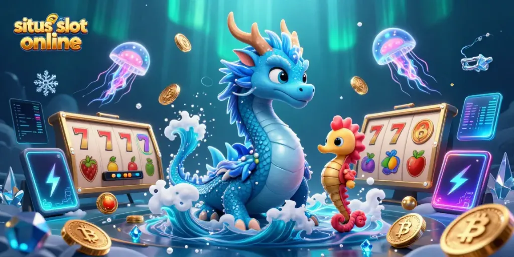 Menggambarkan situs slot online dengan naga air 3D dan simbol kemenangan menyala.