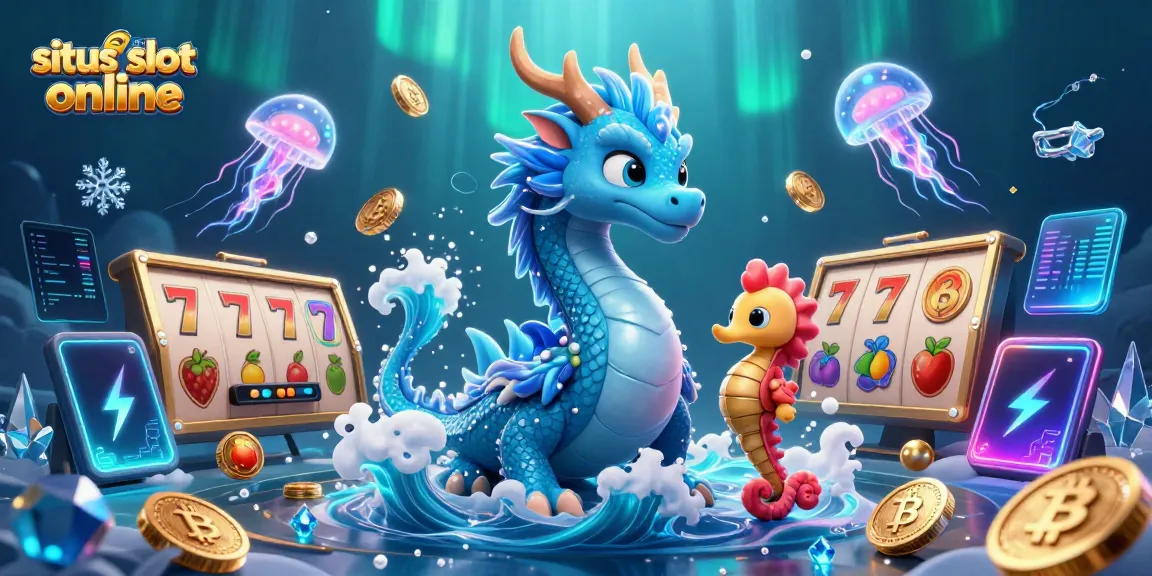 Menggambarkan situs slot online dengan naga air 3D dan simbol kemenangan menyala.