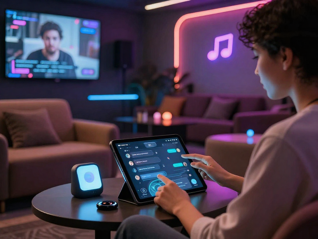 Engaging in a porn chat AI experience on a tablet in a futuristic lounge setting.
