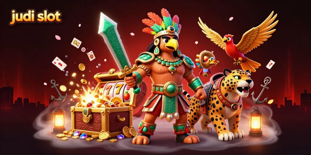 Judi slot dengan pahlawan Aztec, simbol keberuntungan, dan suara mesin slot berputar.